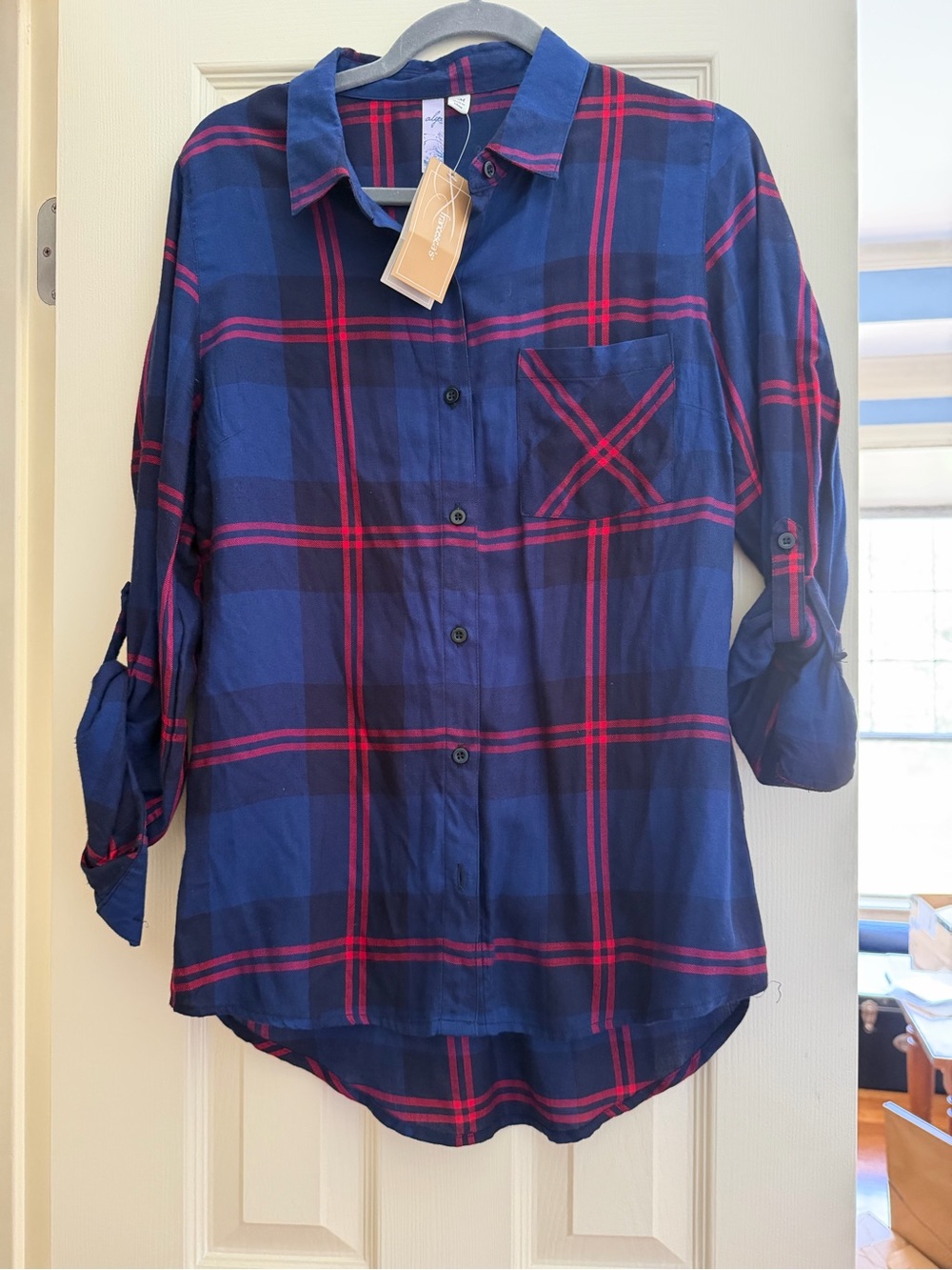 Francesca's Collections Navy and Red Plaid Button-Down Shirt